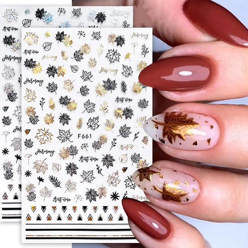 8 Sheets Gold Maple Leaf Nail Stickers - 3D Fall Nail Art Supplies, Holographic Autumn Design Foils