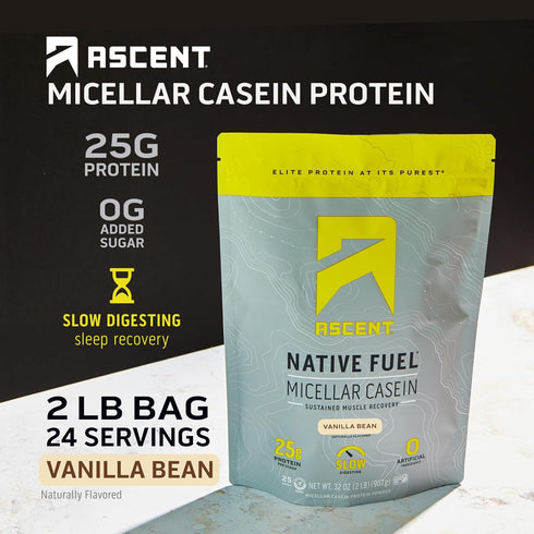 Ascent Casein Protein Powder - 25g Micellar Casein, Gluten-Free, No Added Sugar, 4.9g BCAA, Vanilla Bean, 2 Pounds