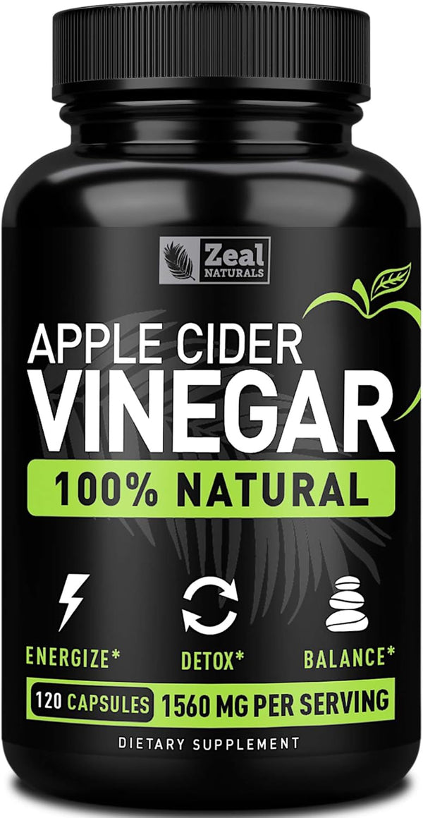 Zeal Naturals Natural Raw Apple Cider Vinegar Capsules, 1560mg, 120 Capsules, with Cayenne Pepper for Digestive Support
