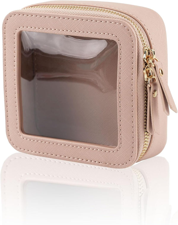 Mini Clear Makeup Bag for Purse, Cute Small Travel Cosmetic Bag with Visual Window & Dual Zippers, Pink Mini Pouch