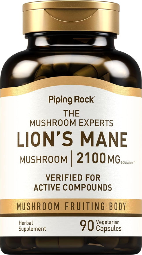 Piping Rock Lions Mane Supplement Capsules | 90 Count | 2100mg | Vegetarian, Non-GMO, Gluten Free | Hericium Erinaceus