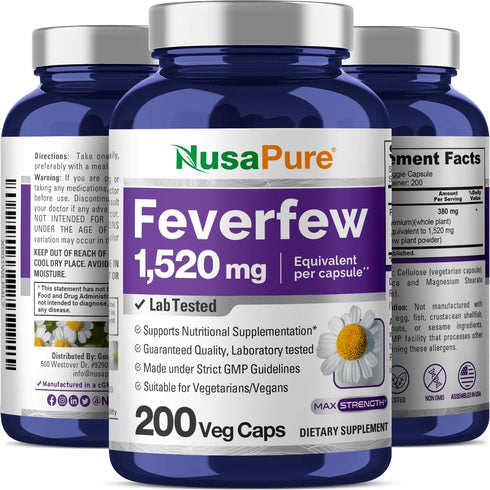 NusaPure 1520mg Feverfew Vegetarian Caps, 200 Count (Extract 4:1, Non-GMO, Gluten Free)