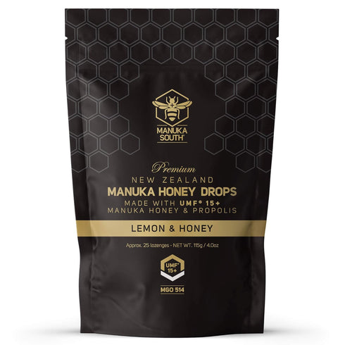 Manuka Honey Drops UMF 15+ / MGO 514+ & Propolis Drops, Natural Ingredients, Soothing Lemon & Honey Flavor - 25 Drops