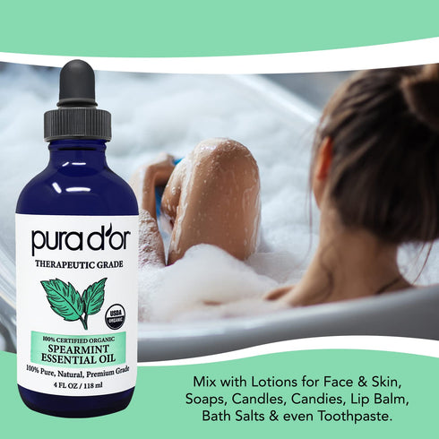 PURA D'OR Organic Spearmint Essential Oil (4oz with Glass Dropper) 100% Pure & Natural for Aromatherapy