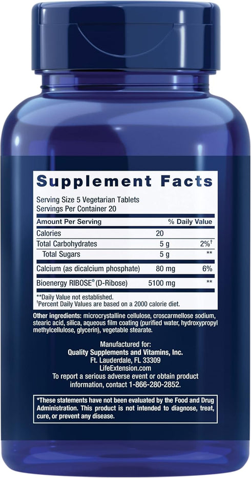 Life Extension D-Ribose Tablets, 100 Count - RIBOSE Supplement for Heart Health, Gluten-Free, Non-GMO, Vegetarian