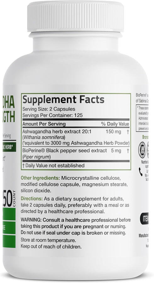 Bronson Ashwagandha Extra Strength Stress & Mood Support with BioPerine - Non GMO Formula, 250 Vegetarian Capsules
