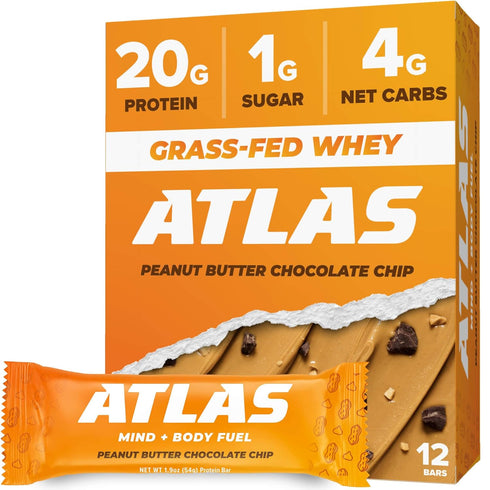 Atlas Protein Bar, 20g Protein, 1g Sugar, Clean Ingredients, Gluten Free (Peanut Butter Chocolate Chip, 12 Count)