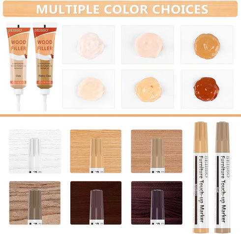 Wood Furniture Repair Kit, 6 Oak Color Wood Fillers with 6 Touch Up Markers and Polish Wax for Wooden Stains