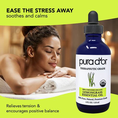 PURA D'OR Organic Lemongrass Essential Oil - 4oz Therapeutic Grade for Hair, Body, Skin, Aromatherapy