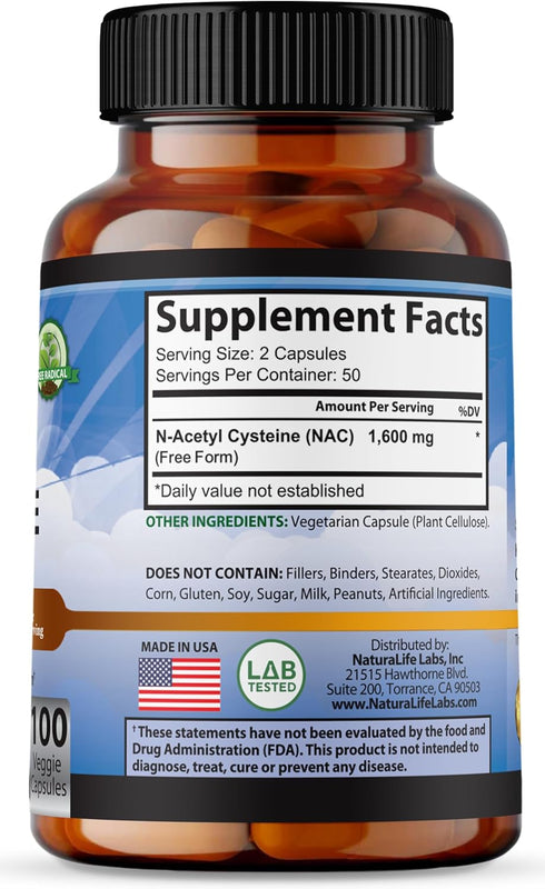 N-Acetyl-L-Cysteine (NAC) 1600 mg, 100 Veggie Capsules for Lung Health & Immune Support