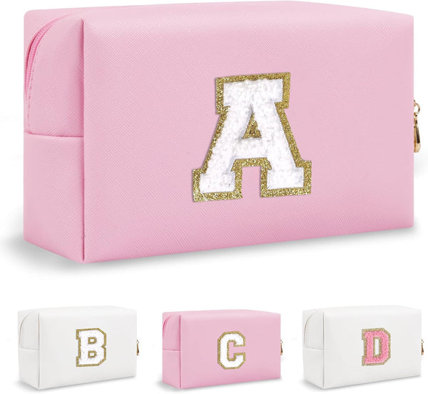 Personalized Initial Preppy Patch Makeup Bag, Small Pink Cosmetic Pouch with Zipper for Women, Monogram Waterproof