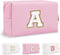 Personalized Initial Preppy Patch Makeup Bag, Small Pink Cosmetic Pouch with Zipper for Women, Monogram Waterproof