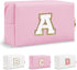 Personalized Initial Preppy Patch Makeup Bag, Small Pink Cosmetic Pouch with Zipper for Women, Monogram Waterproof