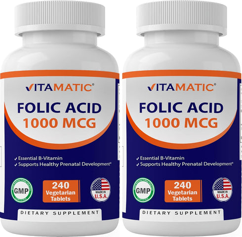 Vitamatic Folic Acid 1000 mcg (1 mg) - Vegetarian Tablets - 240 Count (Pack of 2)