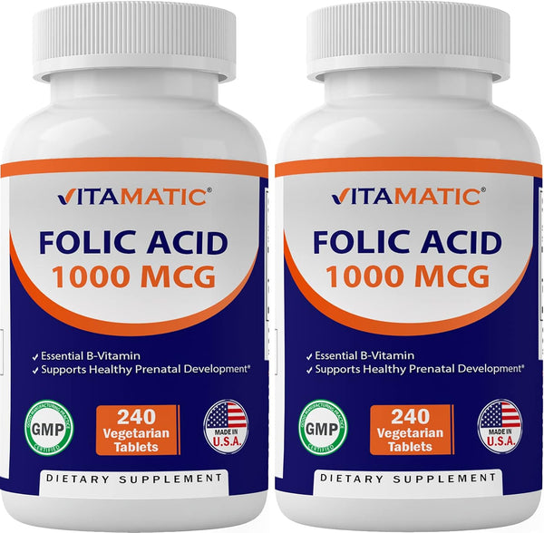 Vitamatic Folic Acid 1000 mcg (1 mg) - Vegetarian Tablets - 240 Count (Pack of 2)