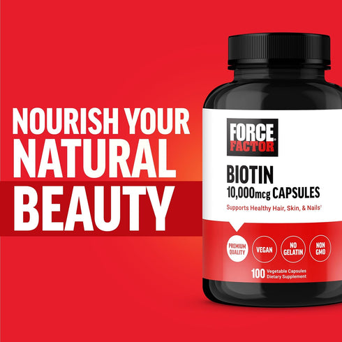 FORCE FACTOR Biotin 10000mcg, 100 Vegetable Capsules - Biotin Supplement for Healthier Hair, Skin, and Nails, Hair