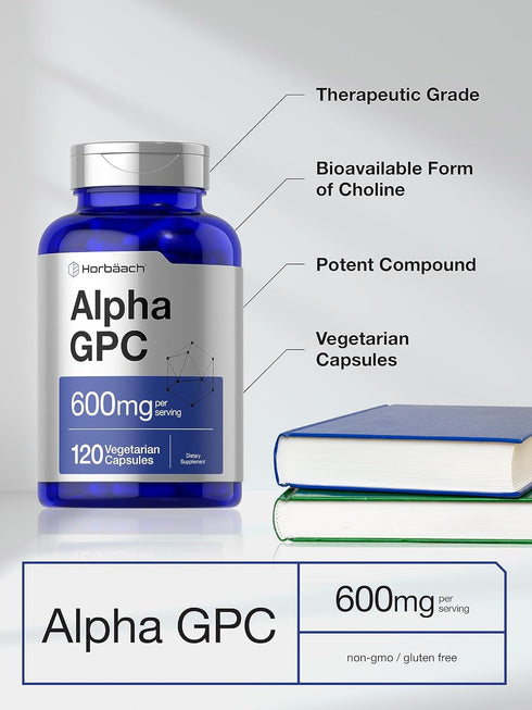 Horbaeach Alpha GPC 600mg, 120 Capsules, Vegetarian, Non-GMO & Gluten Free Choline Supplement