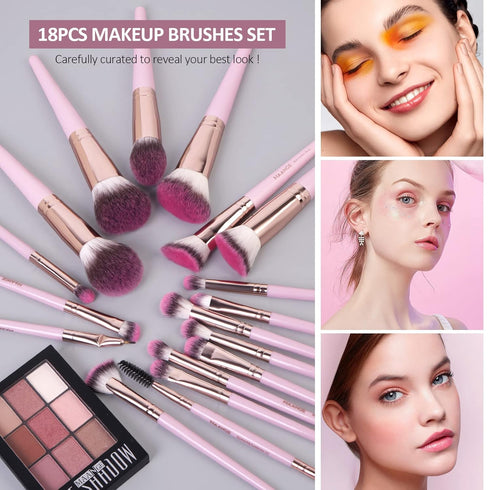 MAANGE 18Pcs Makeup Brush Set, Premium Synthetic Foundation Face Powder Blush Brushes (Pink)
