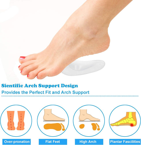 6 Pairs Gel Arch Support Cushions for Men & Women, Reusable Shoe Insoles for Flat Feet, Relieve Pressure and Pain