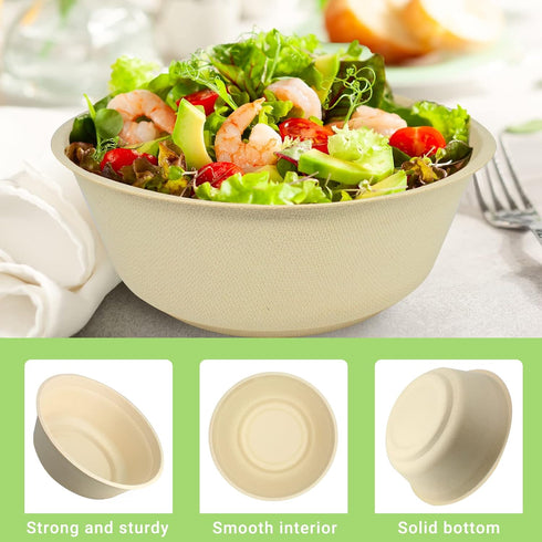 50 Pack 32oz Disposable Paper Bowls, Large Compostable Bowls Made of Sugarcane for Salad and Dessert