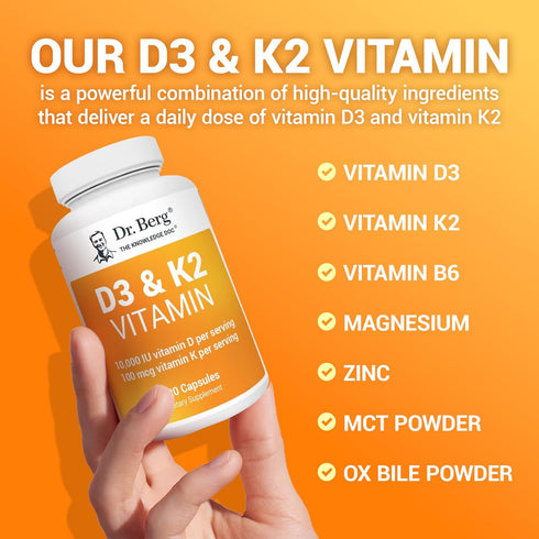 Dr. Berg Vitamin D3 K2 w/MCT Powder - 10,000 IU Vitamin D3, 100 mcg MK7 Vitamin K2 for Ultimate Absorption, 120 Capsules