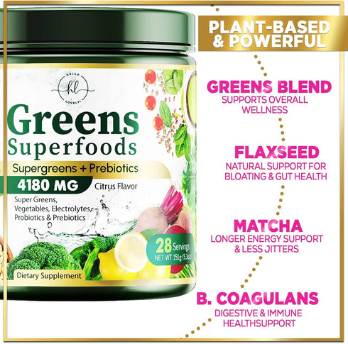 Green Powder Superfood, Organic Super Greens Powder for Gut Health & Bloating Support, 28 Servings