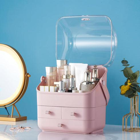 SUNFICON Preppy Skincare Organizer, Pink Makeup Holder with Large Display Case and Dust Free Cover, 2 Roomy Drawers