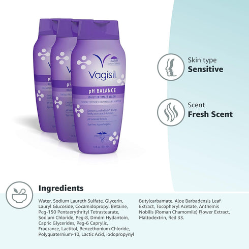 Vagisil Feminine Wash for Intimate Area Hygiene, pH Balance, Gynecologist Tested, Hypoallergenic, 12 oz (Pack of 3)