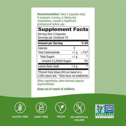 Nature's Way Premium Herbal Melissa Lemon Balm Leaf | 100 Capsules | Traditional Sleep Aid, 1,500 mg per serving
