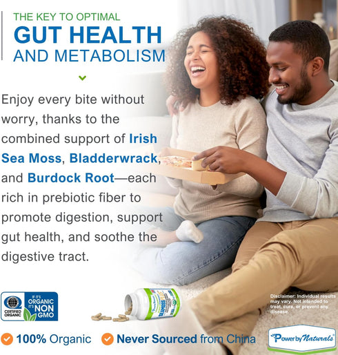 Power By Naturals Sea Moss Plus - USDA Organic Irish Sea Moss Capsules with Bladderwrack & Burdock Root - 60Ct