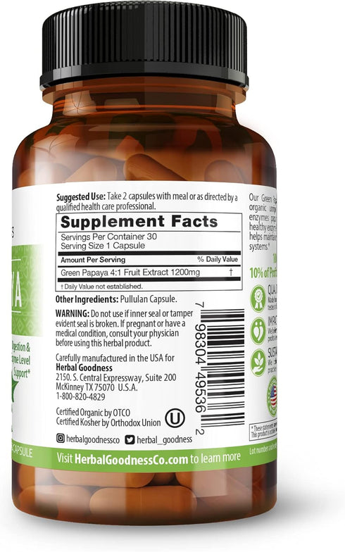 Green Papaya Fruit Extract Capsules, Organic Papaya Enzymes with Prebiotics and Probiotics, 60 Capsules