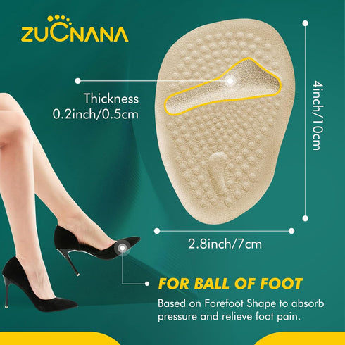 Ball of Foot Cushions (Beige) | Metatarsal Pads for Women, 6 Pairs Reusable Shoe Inserts for Pain Relief