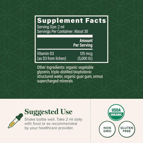 Global Healing USDA Organic Vitamin D3 5000IU Liquid Drops for Women & Men - 2 Fl Oz Non-GMO Supplement for Bones &