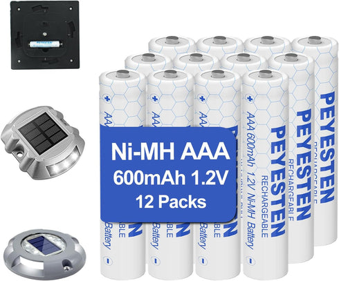 1.2V 600mAh Ni-MH AAA Rechargeable Batteries, Triple A for Outdoor Solar Lights, String Lights, 12 Pack