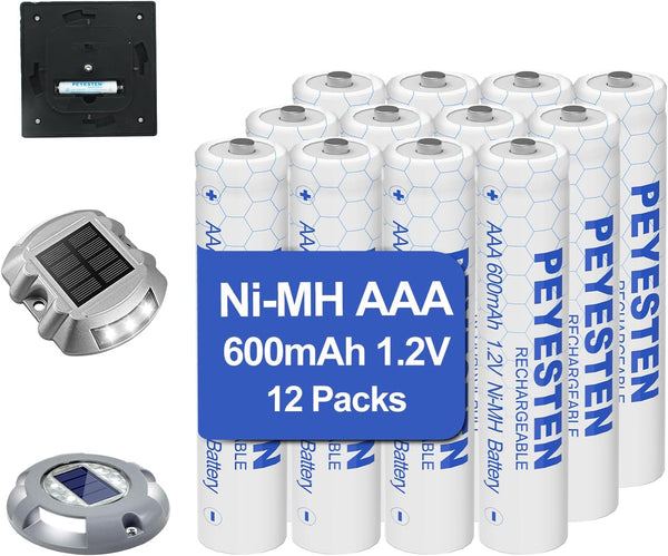 1.2V 600mAh Ni-MH AAA Rechargeable Batteries, Triple A for Outdoor Solar Lights, String Lights, 12 Pack