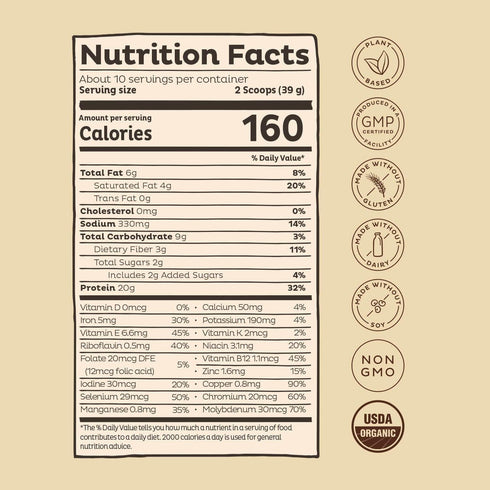 KOS Vegan Protein Powder, Chocolate USDA Organic - Low Carb Pea Protein Blend, 10 Servings