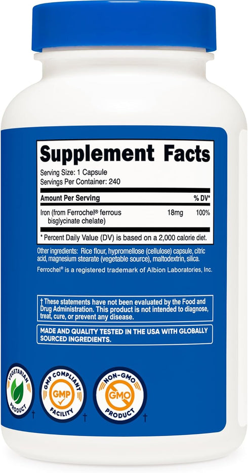 Nutricost Chelated Iron 18mg from Ferrochel, 240 Capsules, Gluten Free, Non-GMO