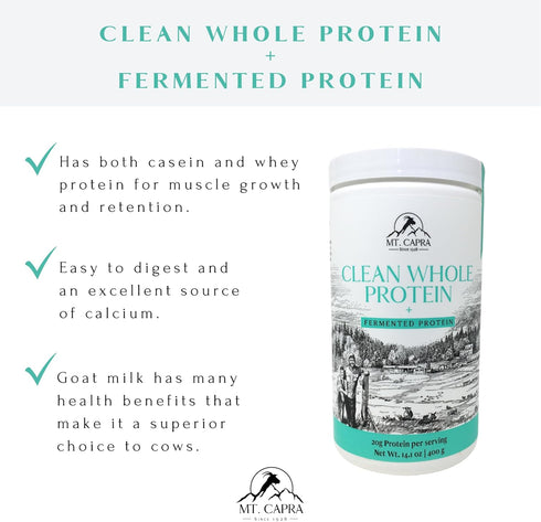 Clean Whole Protein + Fermented Protein - Easy to Digest Whey and Casein Protein from Grass-Fed Goats, 20 G Protein per