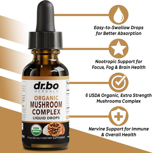 Organic Mushroom Complex Liquid Drops - Adaptogenic Mushroom Supplement Liquid Drops Tincture Extract Blend - Lion's Mane Mushrooms, Reishi Mushroom, Turkey Tail Extract, Shiitake Agaricus Maitake 1oz