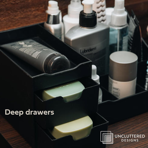 Uncluttered Designs Large Black Vanity Organizer - Countertop Mens Organizer with Drawers for Cologne & Skincare