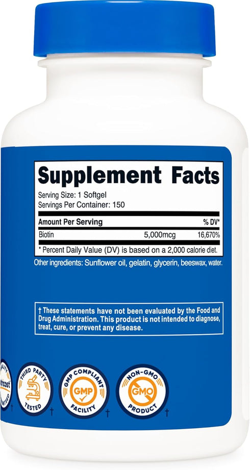 Nutricost Biotin (5,000mcg) in Coconut Oil, 150 Softgels - Vitamin B7, Gluten Free, Non-GMO