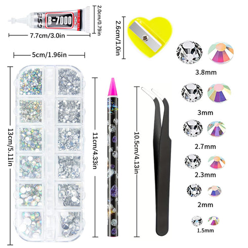 Rhinestones 1500PCS in 6 Sizes, Flat Back Nail Gems with Tweezers and Dotting Pen for Nails, Makeup, Crafting