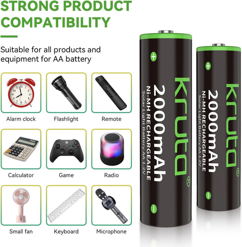 Pack of 8 Kruta Ni-MH AA Rechargeable Batteries 2000mAh for Solar Lights, Pathway Lights