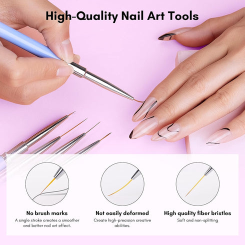 Makartt Nail Art Brush Set, 5pcs Liner Brush for Nails, Thin Nail Art Design Brush with Caps for Gel Polish Painting