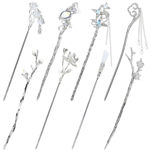 inSowni 8 Pieces Decorative Retro Crystal Pearl Hair Sticks, Asian Chinese Hanfu Hair Forks for Women Girls