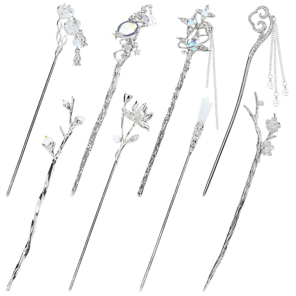 inSowni 8 Pieces Decorative Retro Crystal Pearl Hair Sticks, Asian Chinese Hanfu Hair Forks for Women Girls