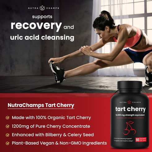 NutraChamps Organic Tart Cherry Extract Capsules 12,000mg - Uric Acid Cleanse & Joint Support, Vegan, Montmorency