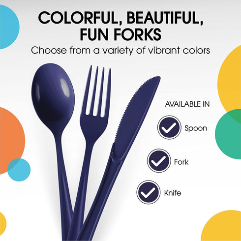 Heavy Duty Navy Plastic Forks, 50 Pcs Disposable Cutlery, Navy Plastic Silverware, Navy Disposable Flatware