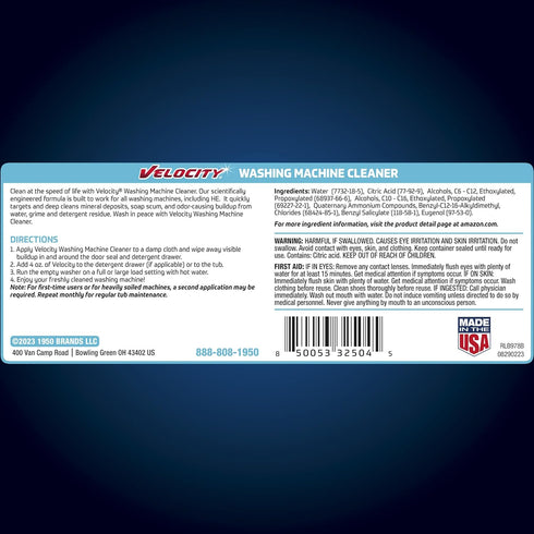 Velocity Washing Machine Cleaner – 4 Uses Per Bottle, Removes Hardwater Stains & Odor-Causing Buildup for Washers