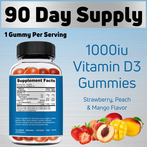 Kids Vitamin D Gummies, 90 Day Supply | Vitamin D3 for Kids (1000IU) to Support Bones, Joints & Immune System